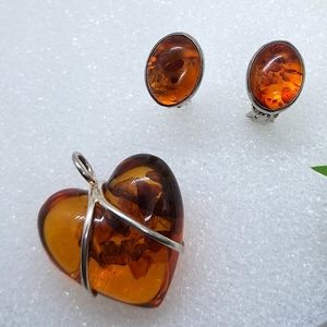 Vintage amber pendant and earrings Sterling Silver